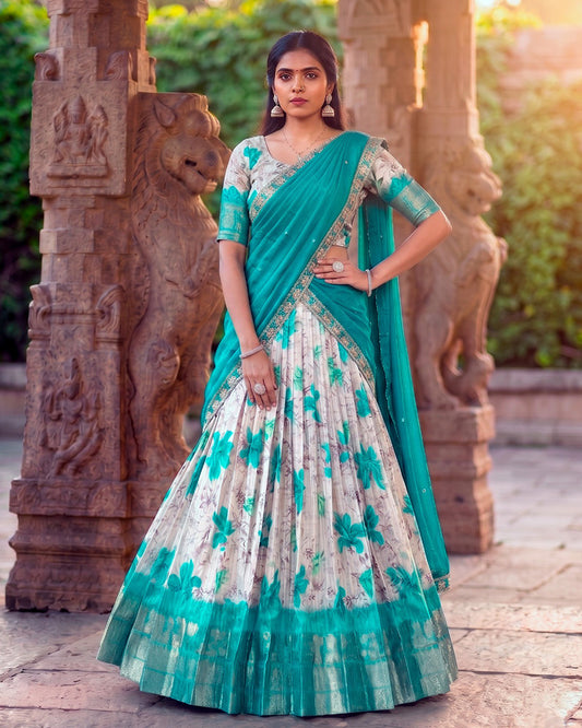Teal Green Color Dola Chex Floral Printed Half Saree
