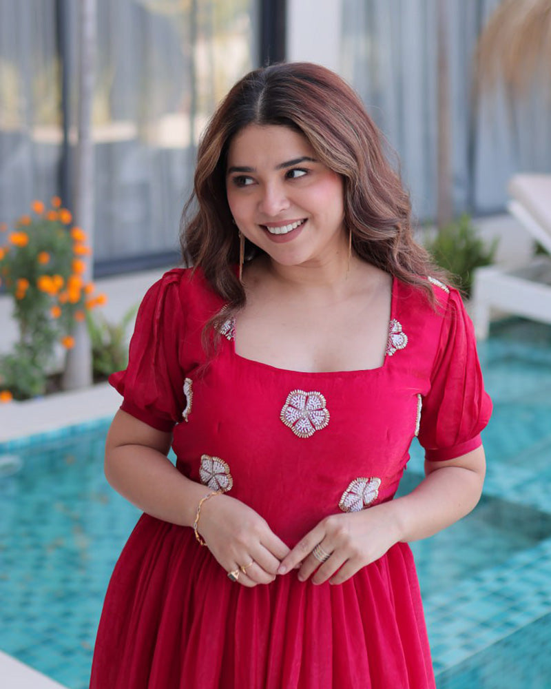 Pink Color Fendi Silk Beads Embroidered Gown