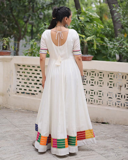 White  Color Roman Silk Multi Threaded Work Navratri Gown