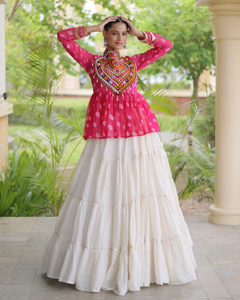Rani Pink Color Bandhani Printed With Kora Cotton Navratri Lehenga Set