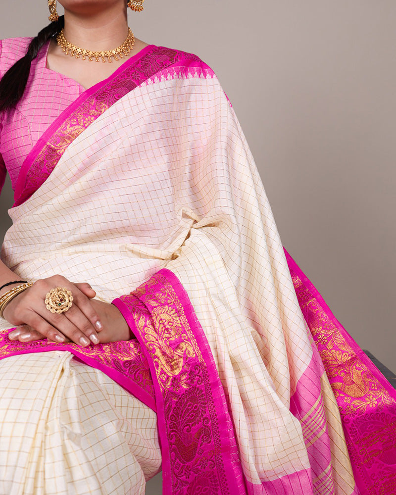 Pink Color Poly Cotton Zari Weaving Saree