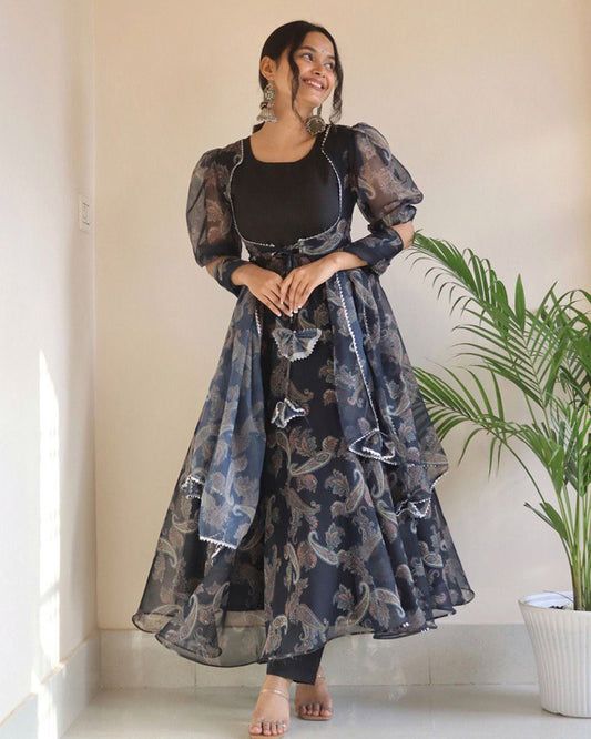 Black Color Georgette Printed Three Piece Anarkali Suit