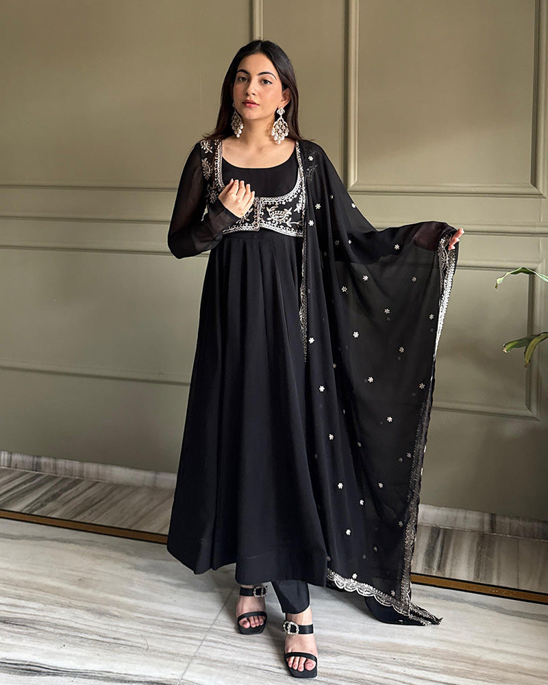 Black Color Faux Georgette Embroidered Anarkali Suit