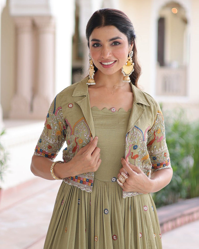 Olive Green Color Vichitra Silk Embroidered Gown