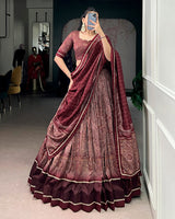 Maroon Color Tasar Silk Kalamkari Printed Lehenga Choli