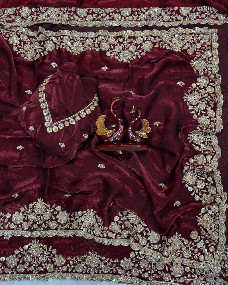 Maroon Color Space Silk Beads Embroidered Saree
