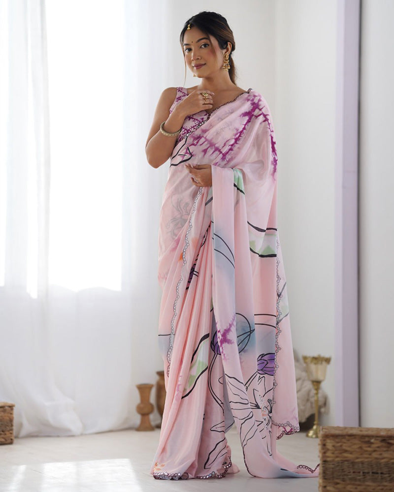Baby Pink Color Chinnon Silk Saree