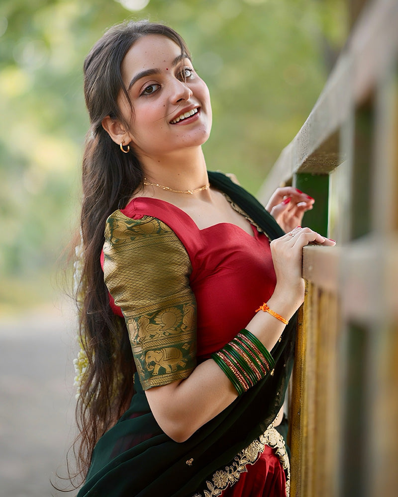 Soumya Sharma In Red Color Narayan Pattu Silk Designer Half Saree