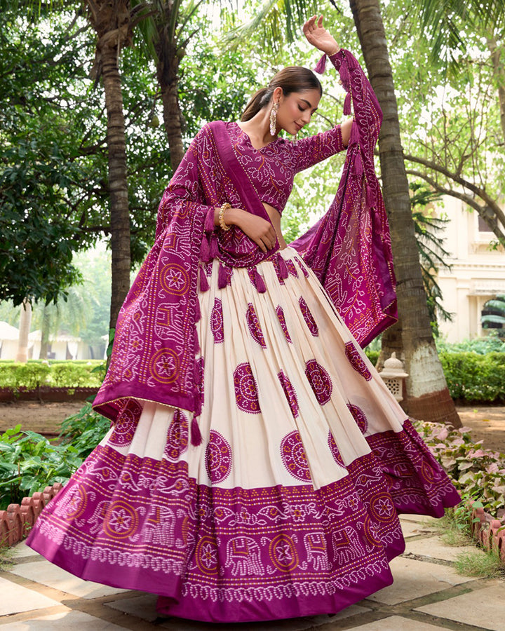 Wine Color Tussar Silk Bandhej Printed Lehenga Choli