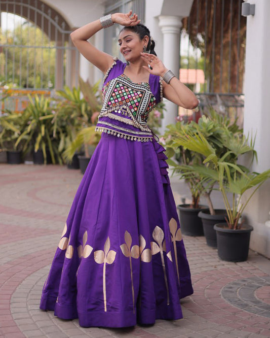 Six Color Roman Silk With Gota Patti Work Navratri Lehenga Set