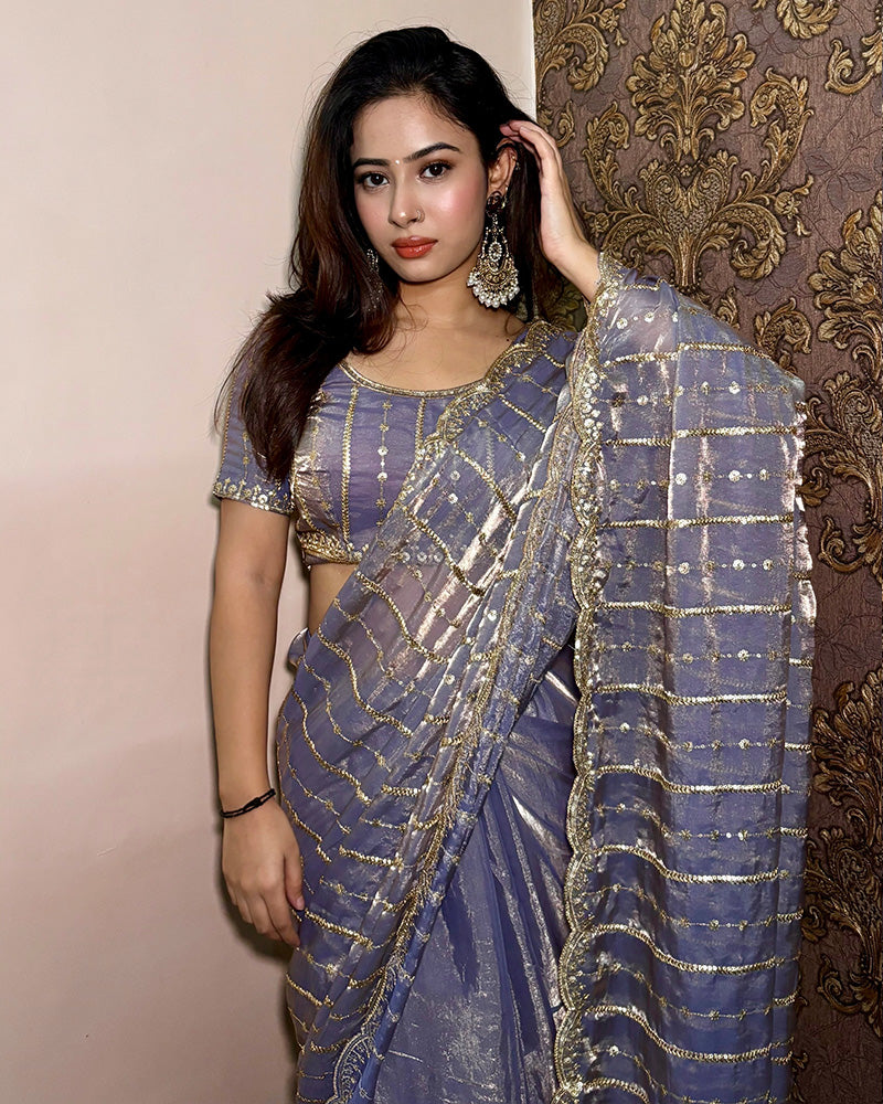 Dusty Blue Color Soft Space Silk Saree