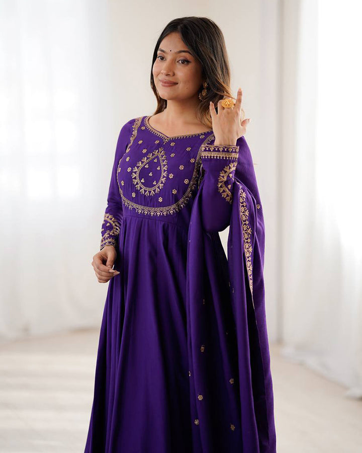 Purple Color Chanderi Silk Three Piece Anarkali Suit