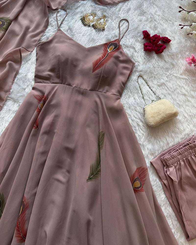 Chocolate Color Hand Printed Georgette Anarkali Suit