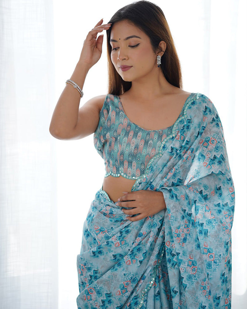 Sky Color Chinnon Silk Saree