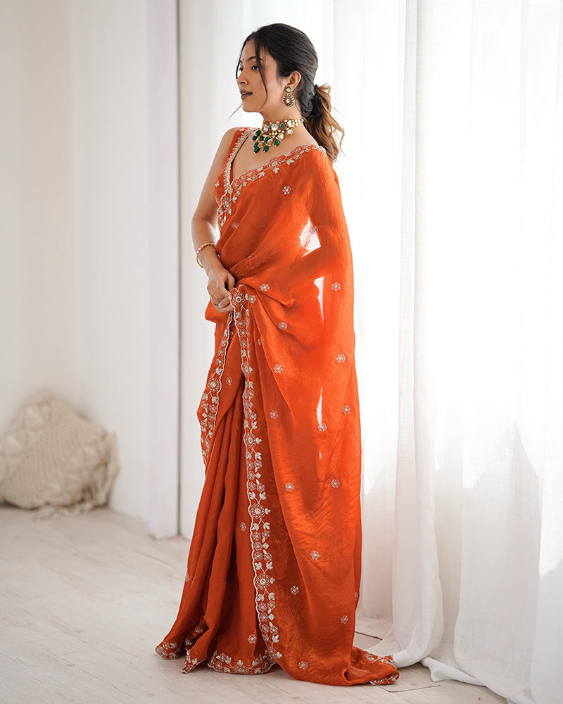 Rust Orange Color Fendi Silk Embroidered Saree