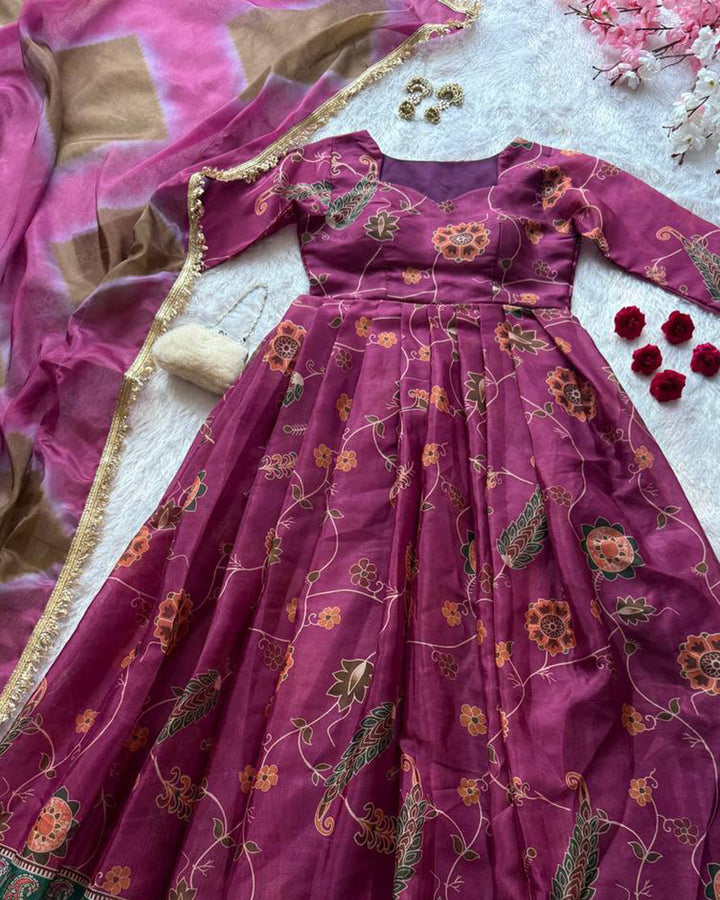 Onion Color Digital Printed Soft Organza Gown