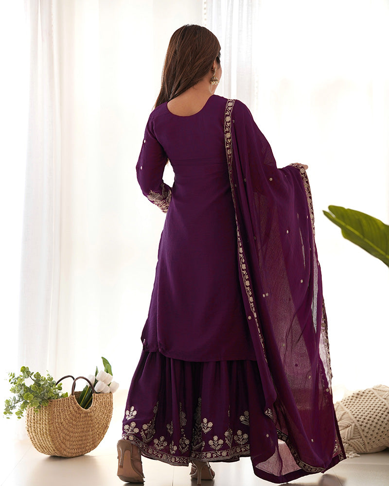 Wine Color Pure Chinon Silk Embroidered Plazzo Suit