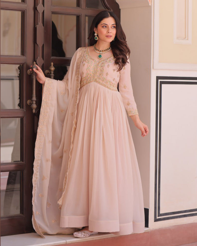 Cream Color Star Georgette Embroidered Gown