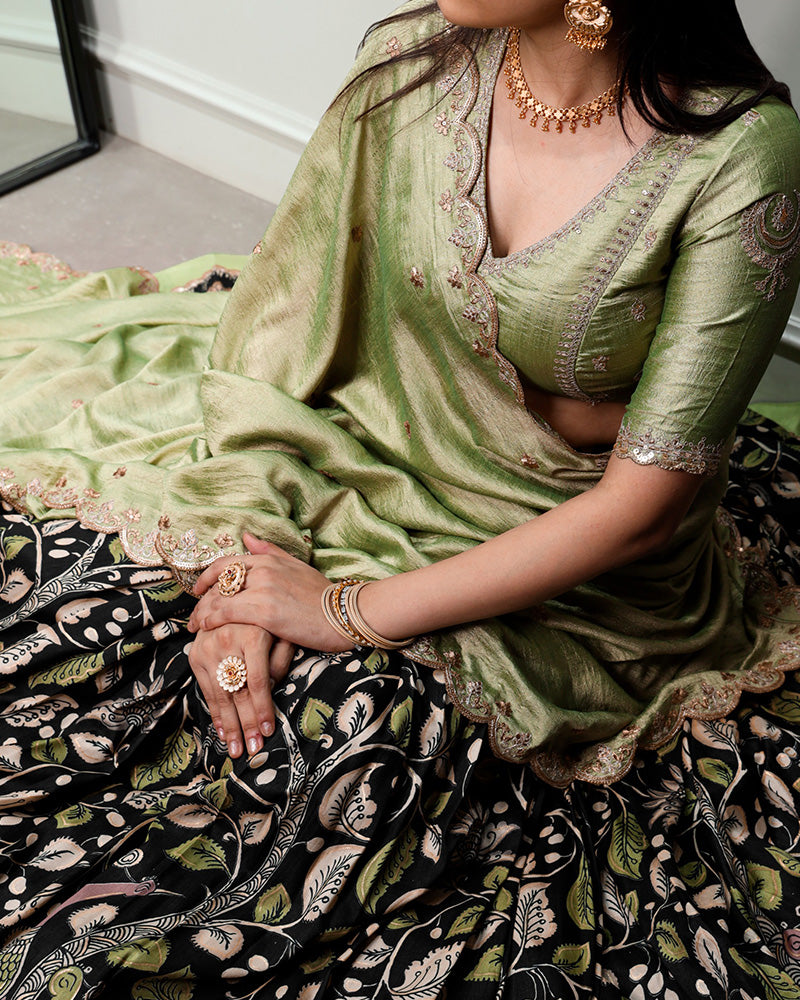 Black Color Tussar Silk Kalamkari Printed Lehenga Choli