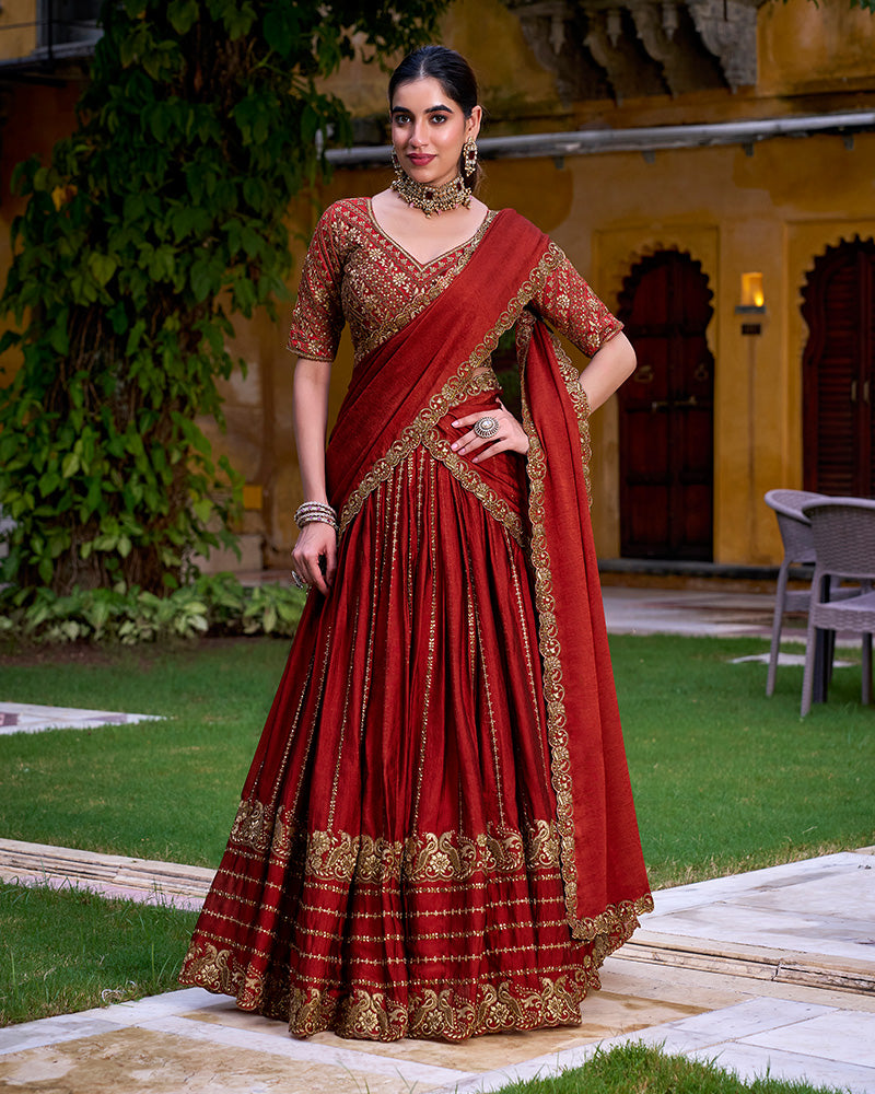 Rust Orange Color Rangoli Crush Embroidered Lehenga Choli