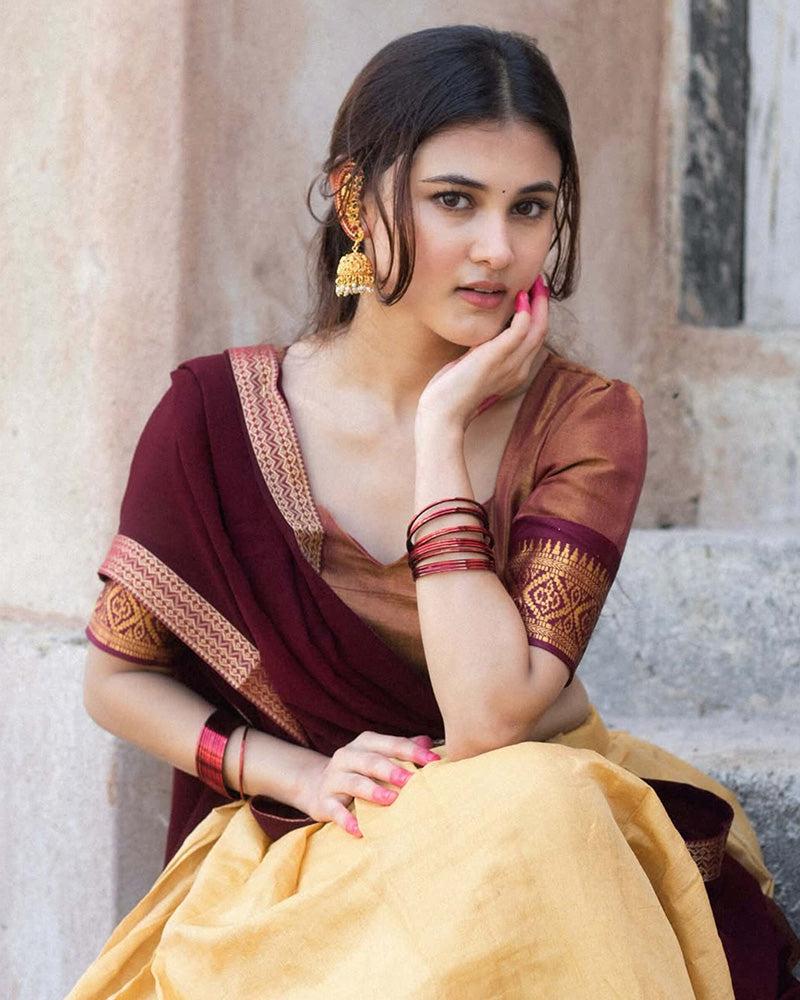 Aayushi Verma In Cream Color Kanchipuram Silk Designer Half Saree