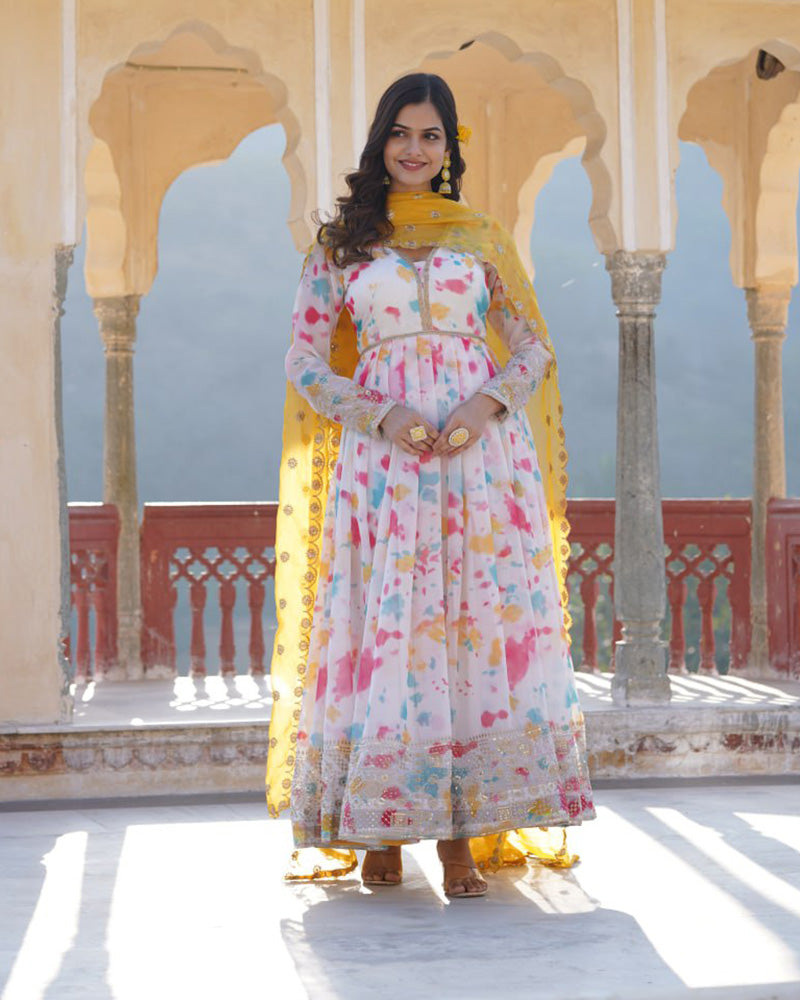 Wedding Wear Floral Embroidered White Color Gown With Dupatta