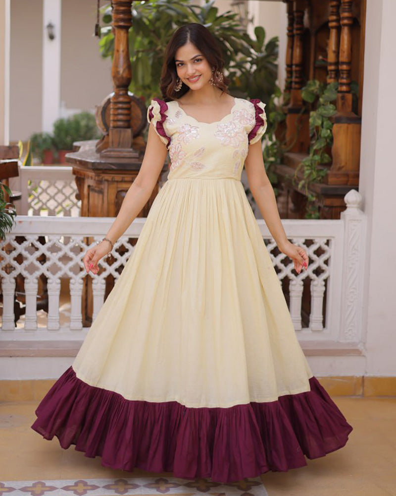 Off-White Color Pure Soft Cotton Embroidered Gown