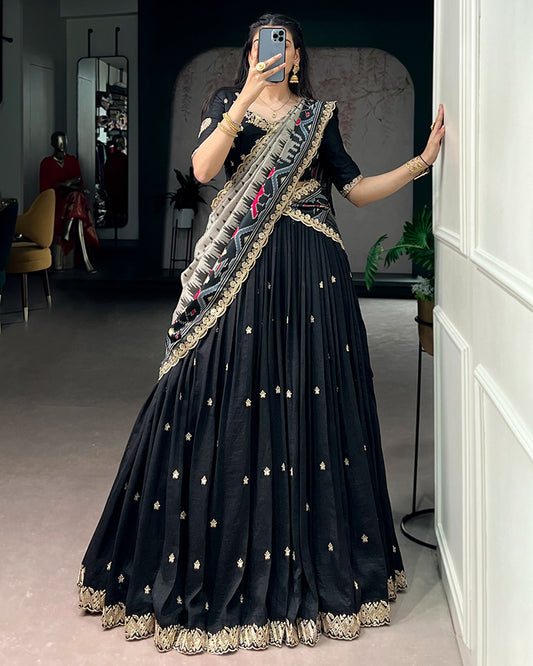 Premium Black Embroidered Vichitra Silk Lehenga Choli