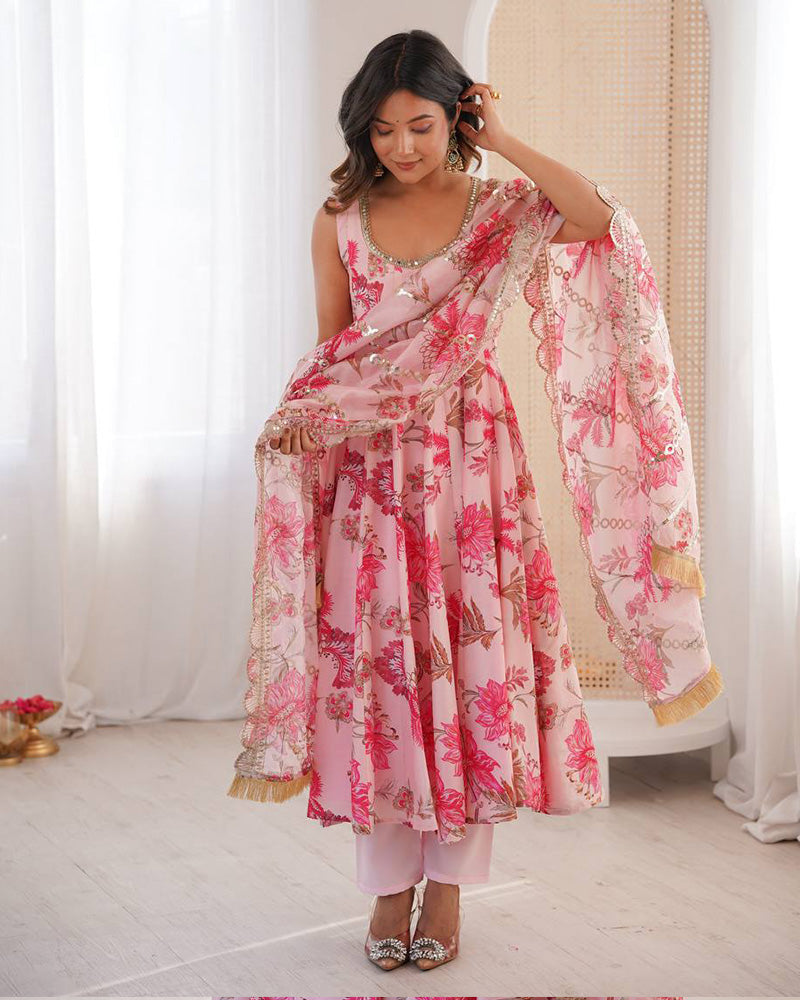 Baby Pink Color Pure Muslin Cotton Three Piece Anarkali Suit