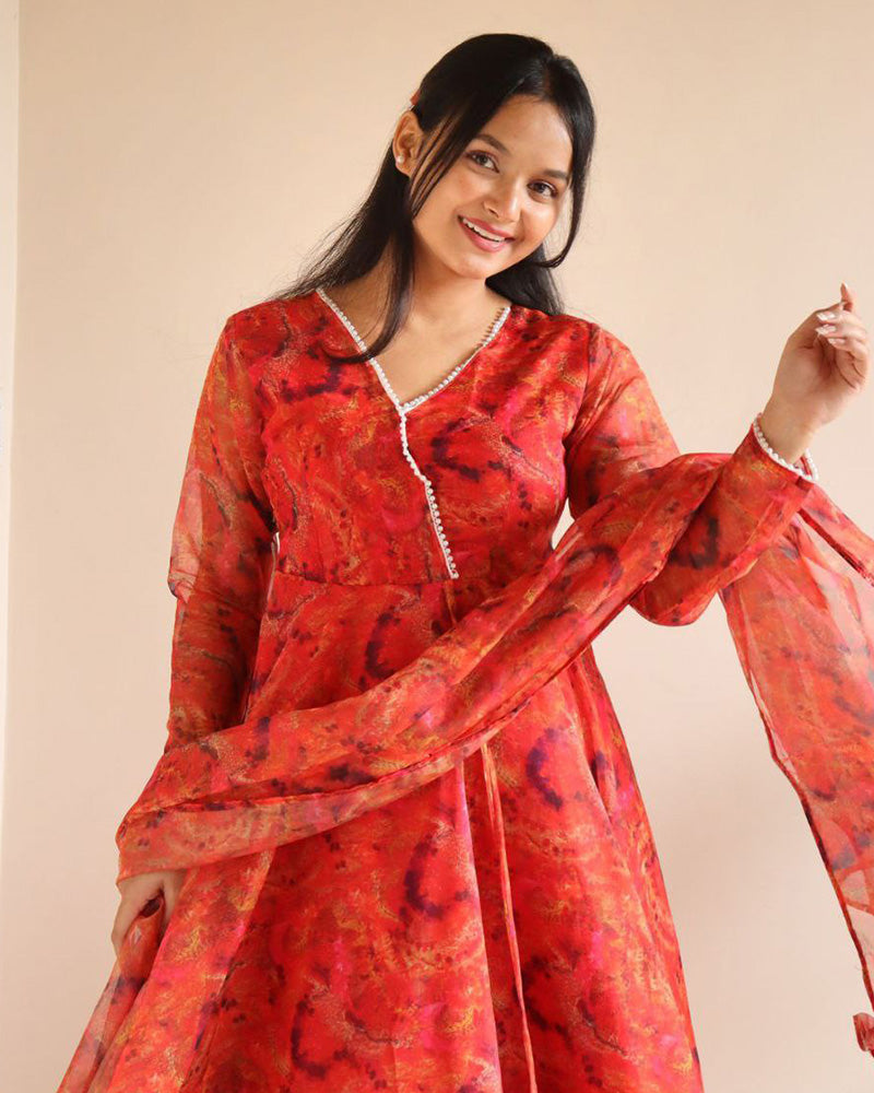 Orange Color Printed Pure Organza Silk Anarkali Suit
