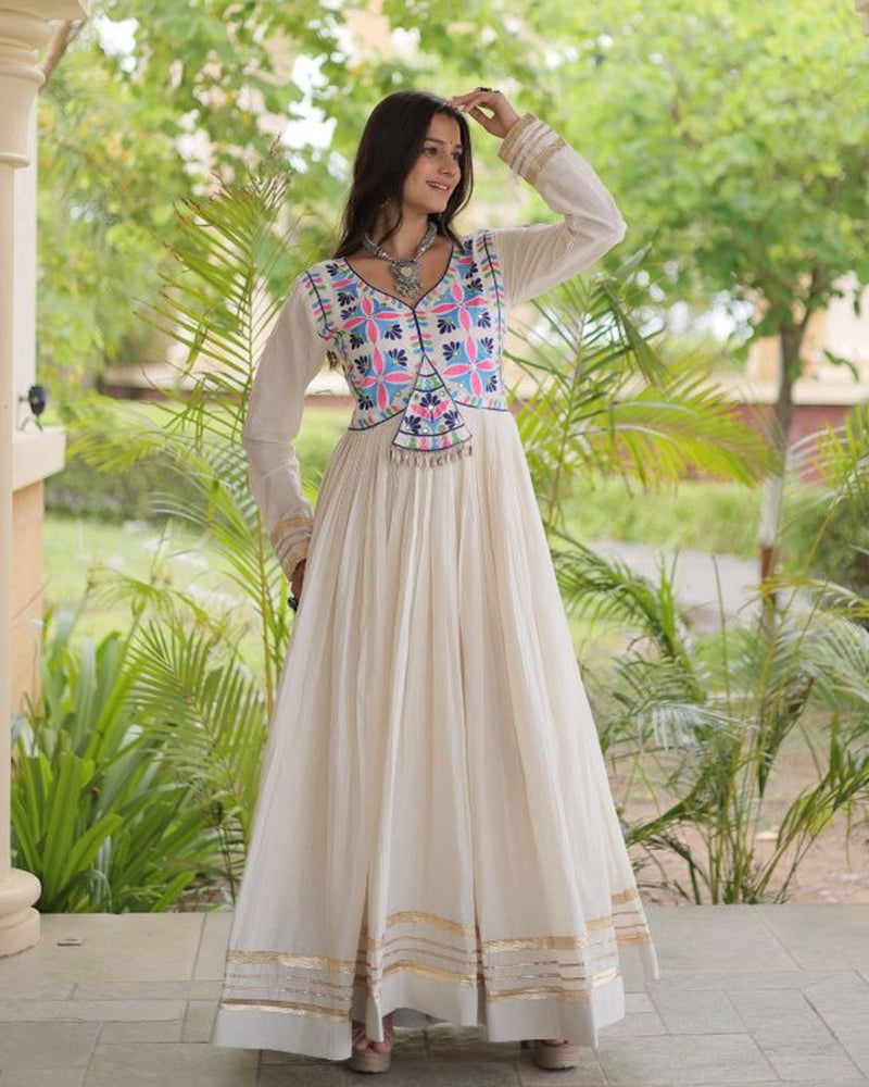 Two Color Elegant Kora Cotton with Multi Thread Embroidered Navratri Gown