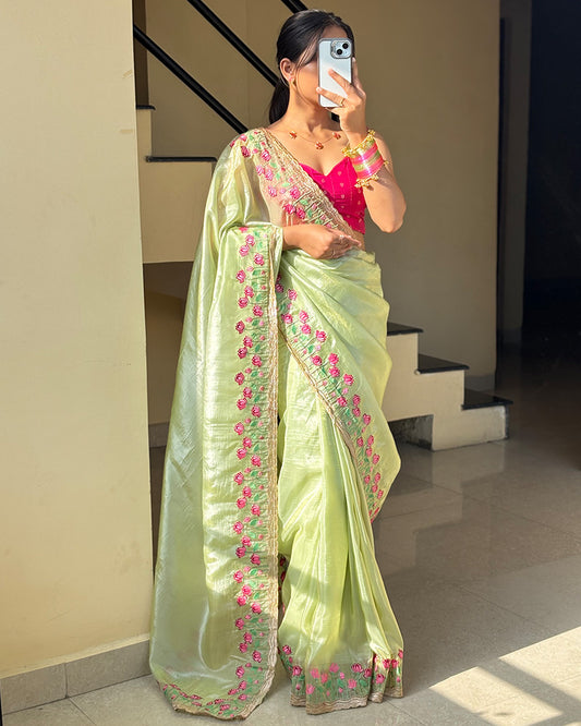 Parrot Green Color Chiffon Embroidered Saree
