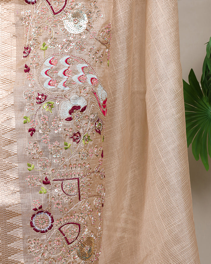 Cream Color Embroidered Kota Tissue Saree