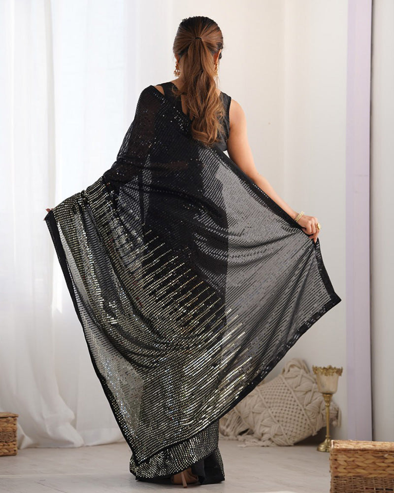 Black Color Heavy Georgette Embroidered Saree