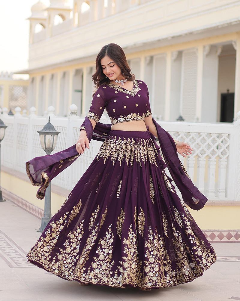 Deep Violet Color Georgette Sequence Embroidery Lehenga Choli