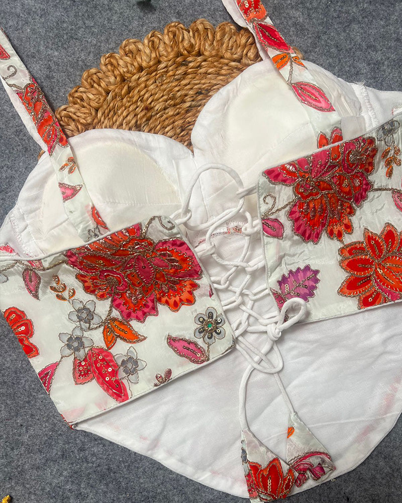 White Color Rumali Silk Embroidered Spaghetti Blouse