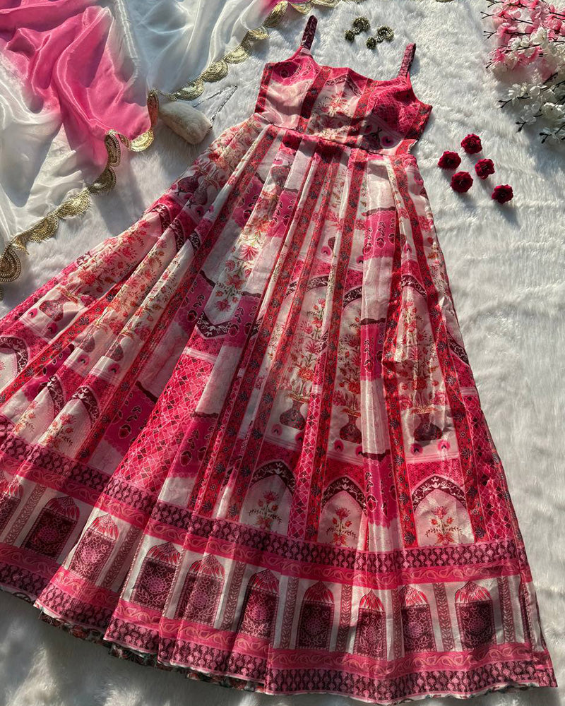 Baby Pink Color Digital Print Soft Organza Gown