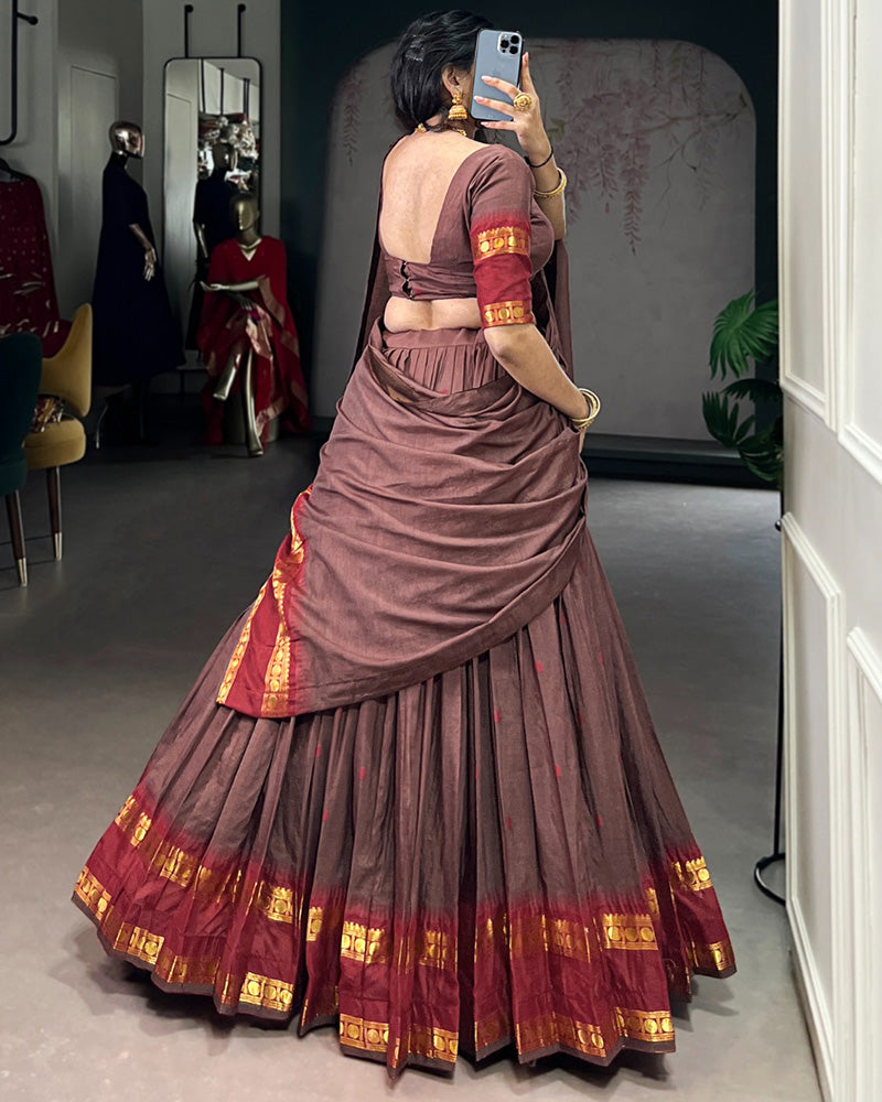 Elegant Brown Pure Chanderi Half Saree With Zari Weaving