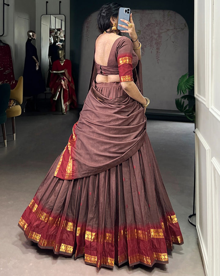 Elegant Brown Pure Chanderi Half Saree With Zari Weaving