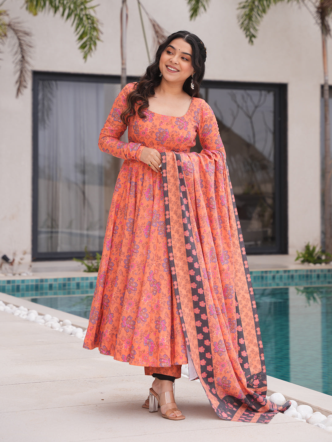 Orange Color Printed Soft Cotton Three Piece Anarkali Suit