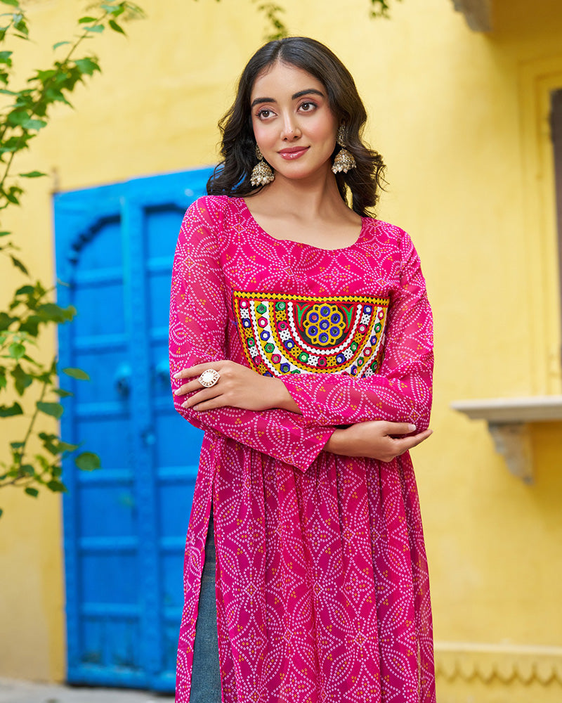 Festive Pink Georgette Printed Kurti With Gamthi Patchwork