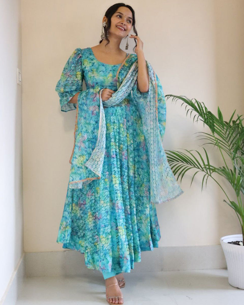 Sky Blue Color Printed French Net Anarkali Suit
