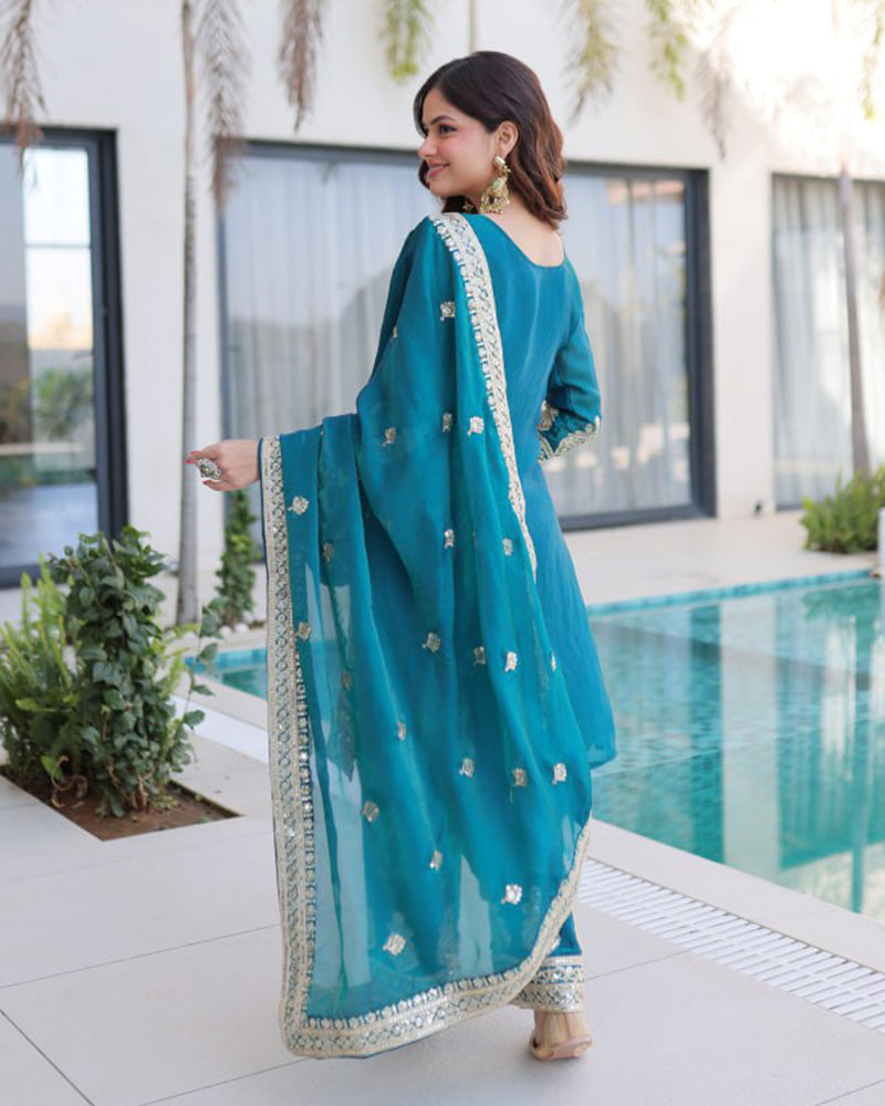 Teal Blue Color Fendi Silk Embroidered Kurti Suit