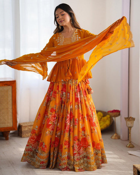 Mustard Color Georgette Printed And Embroidered Lehenga Choli