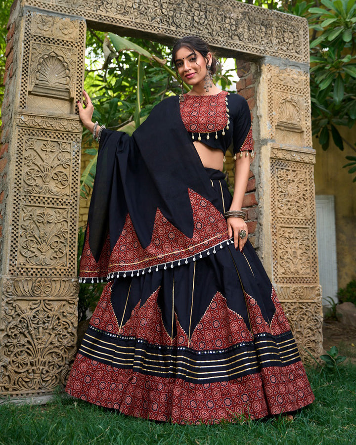 Black Color Cotton Paper Mirror Work Navratri Lehenga Choli