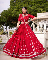 Red Color Pure Chanderi Plain Navratri Lehenga choli