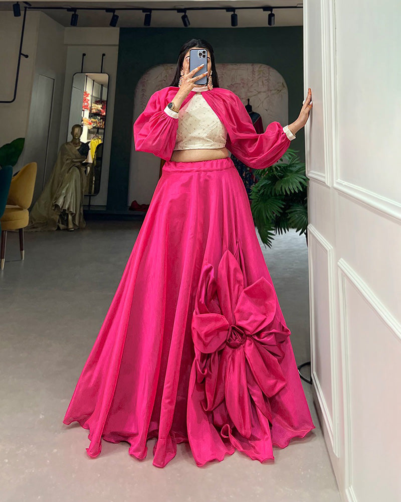 Rajwadi Chanderi Silk Two Color Fully Stitched Crop Top Lehenga Choli