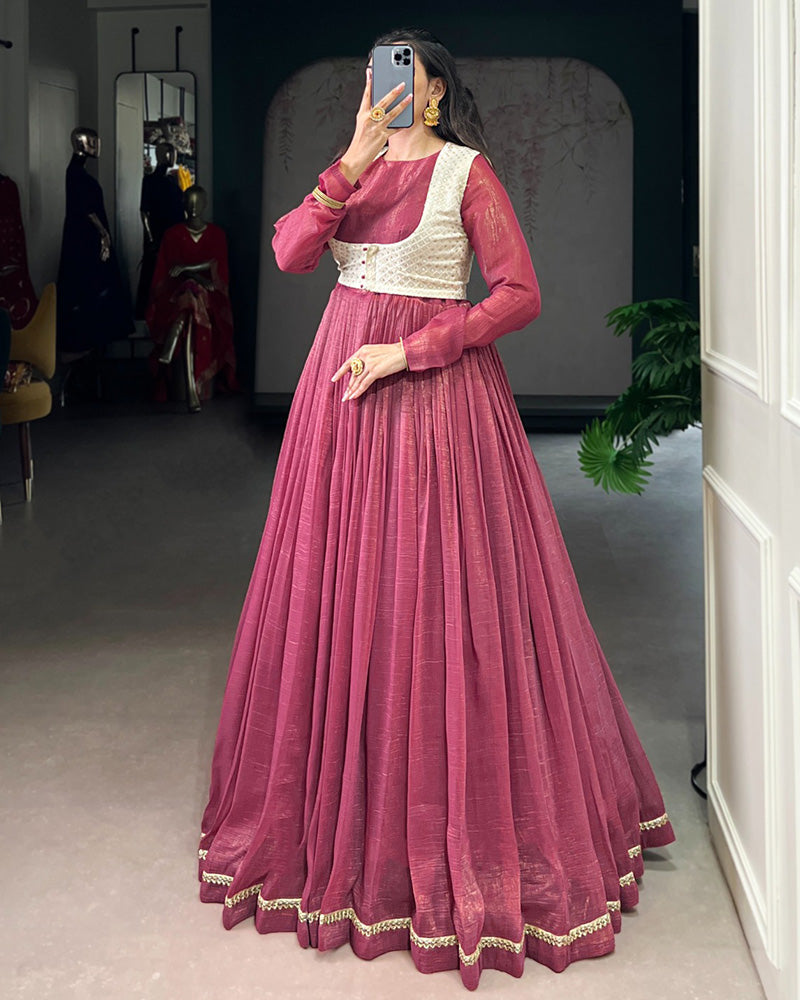 Pink Color Silver Glossy Gown