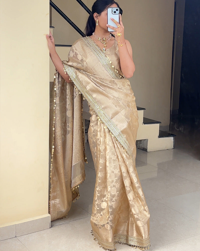 Cream Color Banarasi Tissue Silk Saree