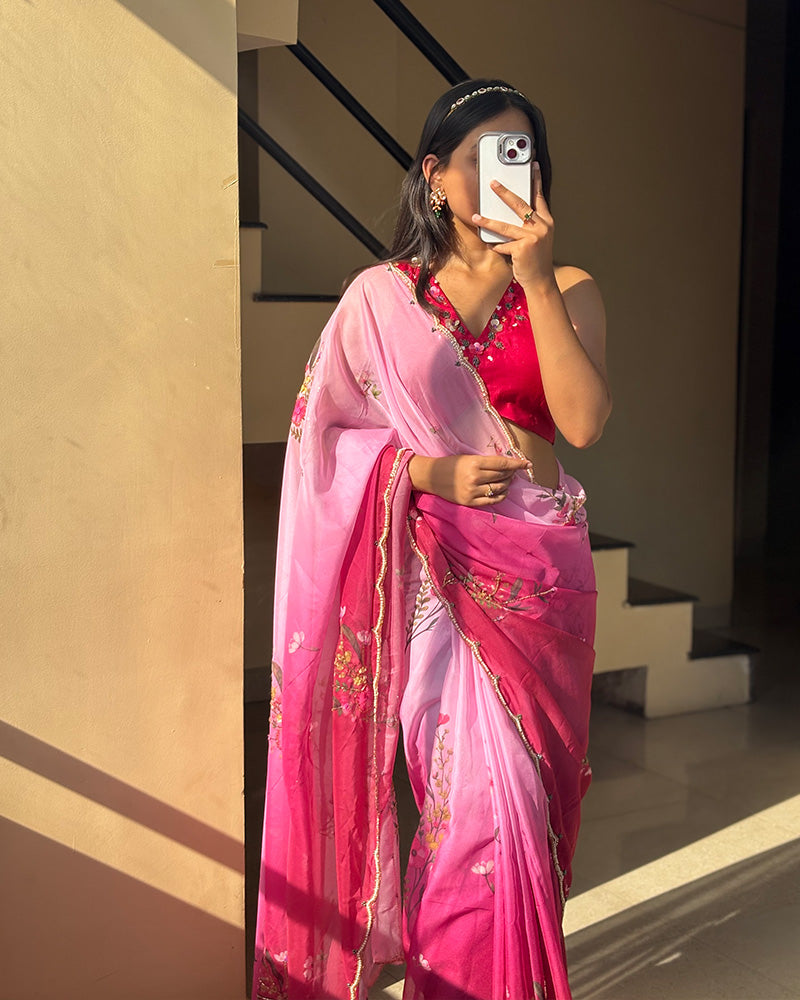 Pink Color Tebby Silk Floral Printed Saree